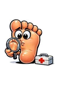 Cartoon foot carefully checking its sole with mirror